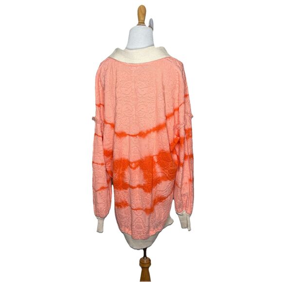 Free People Pullover Sweater Orange Tie Dye Henley Sunrise Polo Rib Collar M - Picture 3 of 6